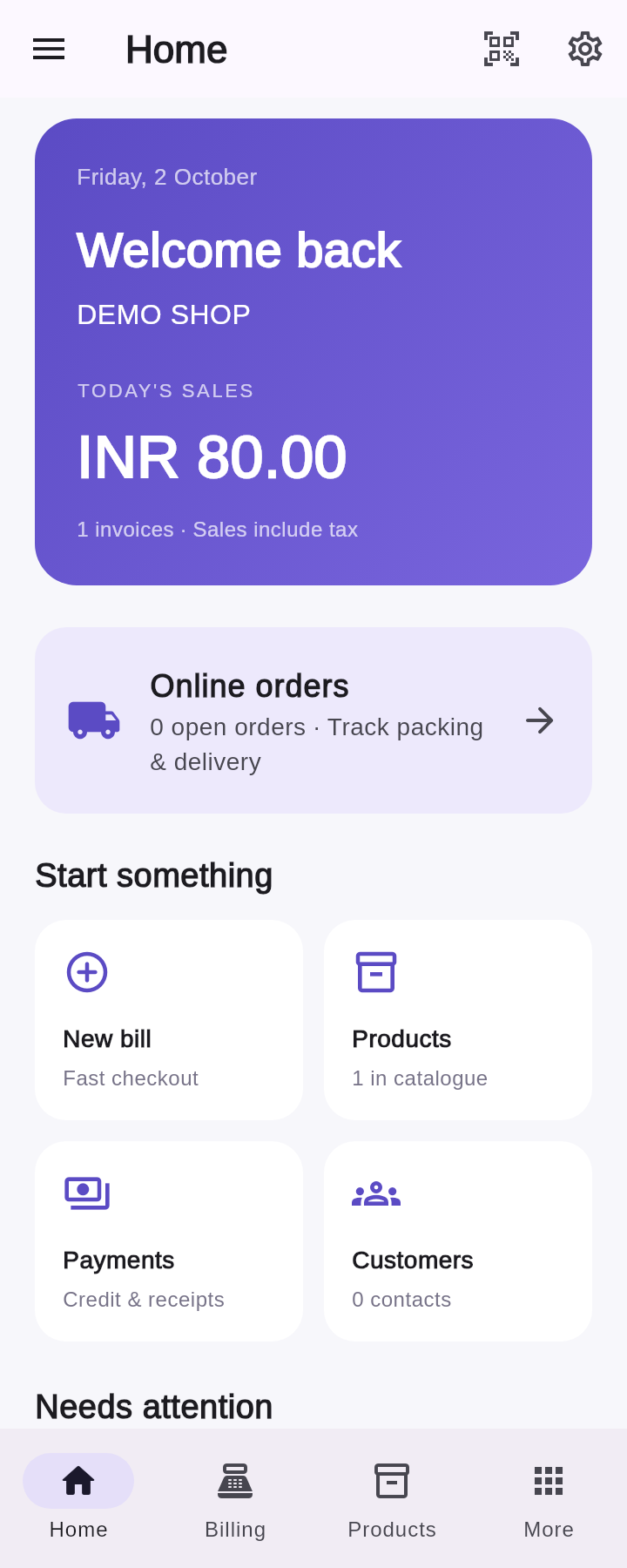 Home dashboard with synthetic DEMO SHOP data
